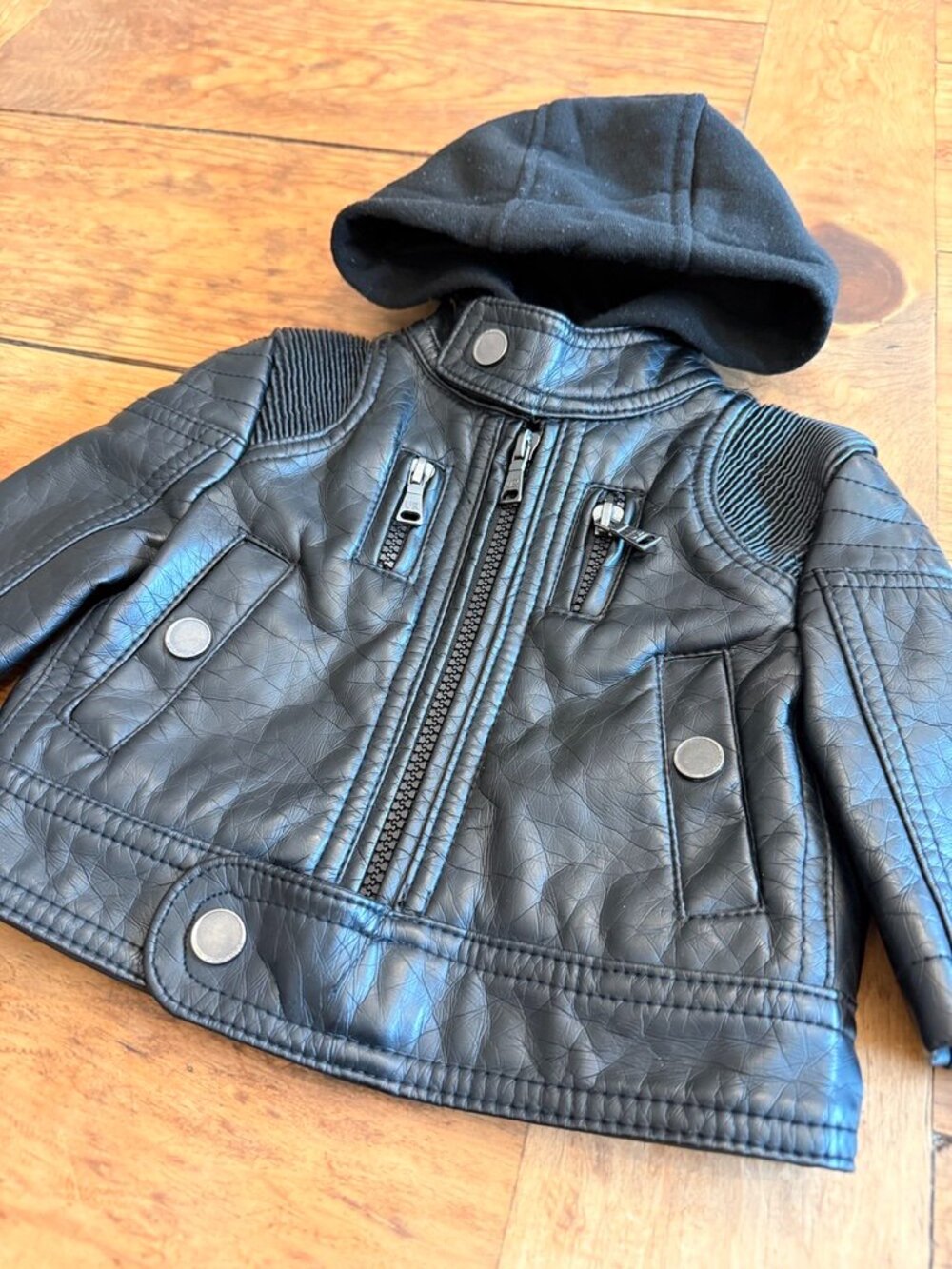 URBAN REPUBLIC BIKER JACKET Infant Size 3/6 month pleather jacket w/ hoodie